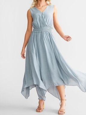 NWT Buckle Black Blue V Neck Smocked Waist Handkerchief Hem Midi Dress Size M